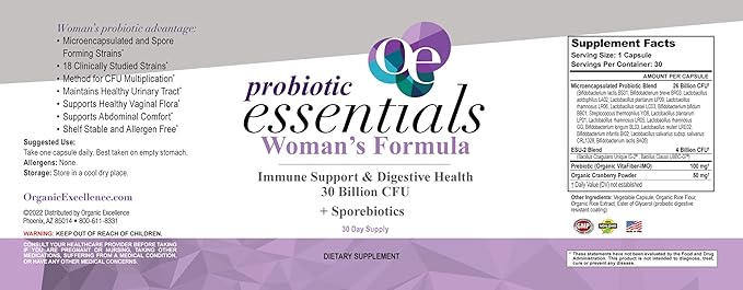 Organic Excellence Probiotics for Women – 30 Billion CFU 18 Strains Prebiotics &amp Sporebiotics – Gut Vaginal Digestive Immune &amp Urinary Tract Support – 30 Capsules