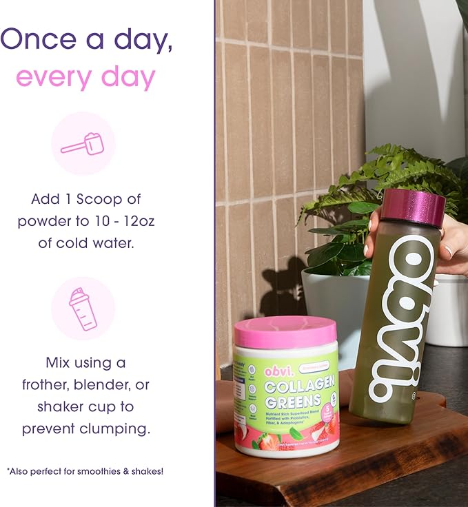 Obvi Collagen Greens | Organic Greens Superfood Powder with Collagen Peptides | Probiotics for Gut Health Skin Hair Nails | Gluten-Free Zero Sugar | Strawberry Lychee Flavor 25 Servings
