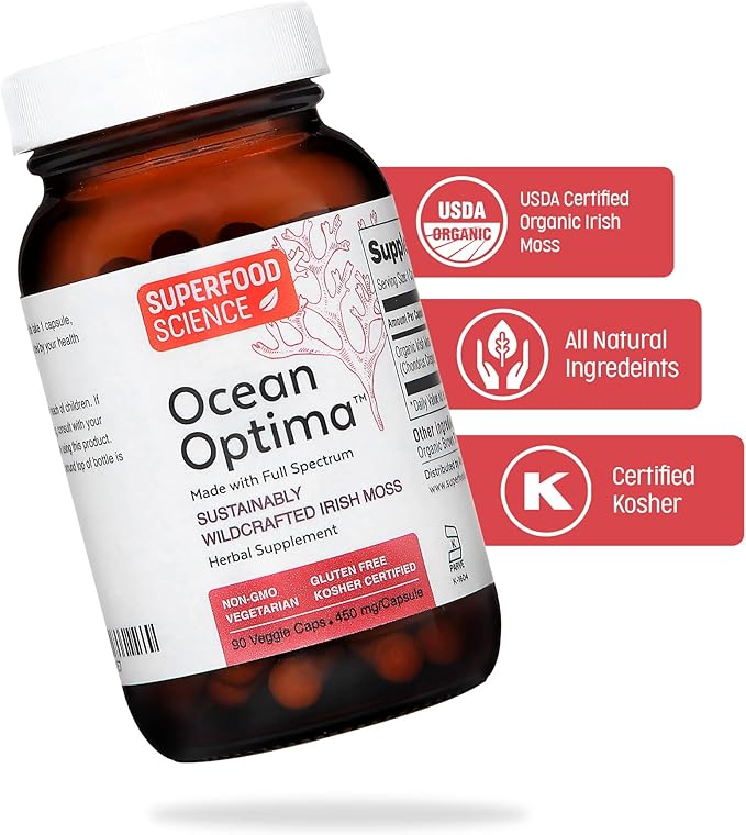 Ocean Optima Organic Sea Moss Capsules (Chondrus crispus) for Skin Nail Hair and Gut Naturally Occurring Kosher Iodine for Thyroid Support Single-Ingredient Wild Irish Seamoss Vegan 90 Servings