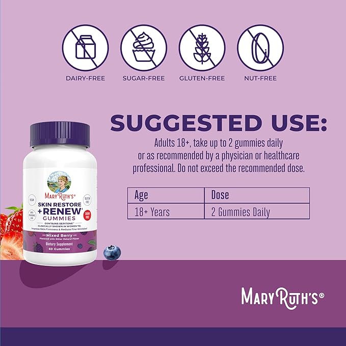 MaryRuth's Skin Restore + Renew Gummies With Hyaluronic Acid | Skin Hydration | Clinically Shown in Women to Reduce Fine Wrinkles &amp Improve Skin Firmness | Vegan Collagen Production | 60 Gummies