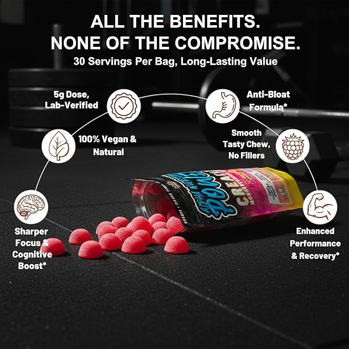 Creatine Monohydrate Gummies 5g - Raspberry Lemonade Flavored Creatine for Women and Men - Supplement for Muscle Gain Strength Energy Cognitive Health Pre and Post Workout Recovery (120 Gummies)