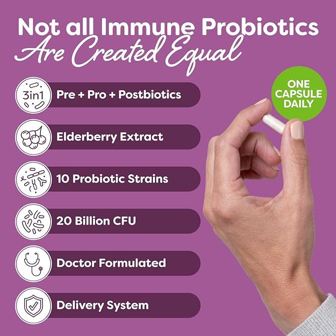 Probulin Total Care Immune = Prebiotics + Probiotics + Postbiotics + Elderberry to Support Immune &amp Gut Health - 20 Billion CFU - 10 Strains - 30 Vegan Capsules (Twin Pack)