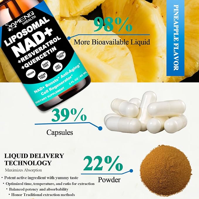 NAD Supplement Liposomal NAD Nicotinamide Riboside Resveratrol 900mg Quercetion TMG Vitamin B3 High Potency NAD Plus Liquid Supplement for Cell Regenerator Longevity Energy Anti-Aging Focus