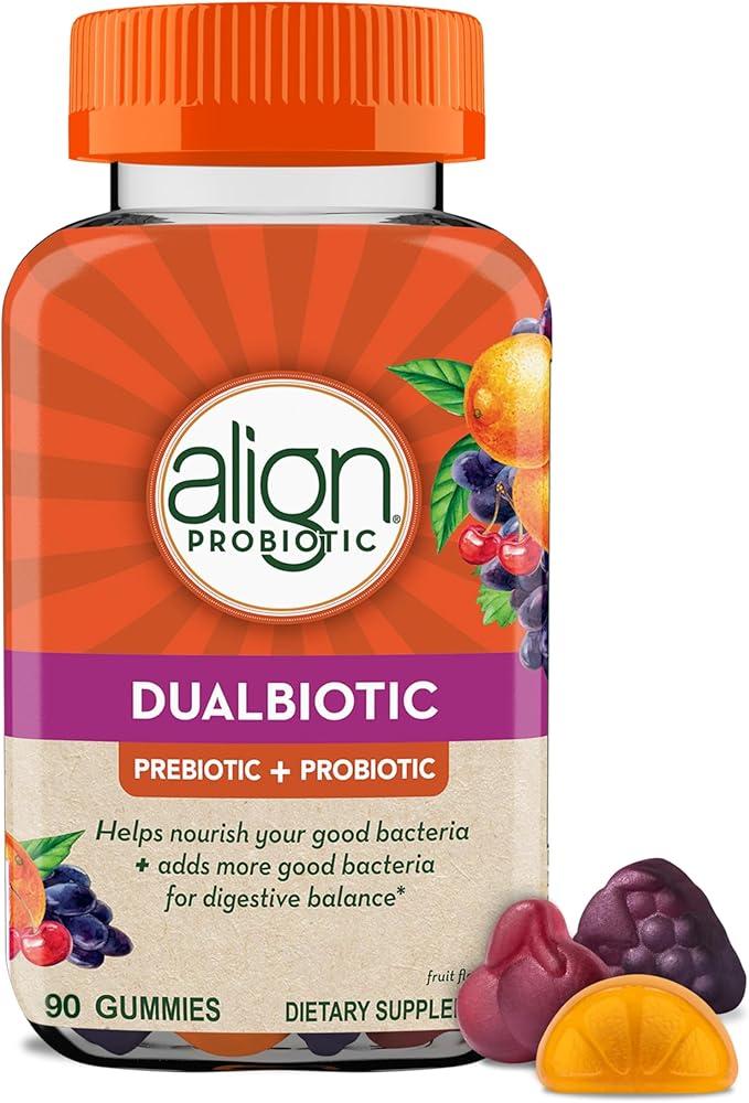 Align Dualbiotic Prebiotics and Probiotics for Women and Men Probiotics for Digestive Health Prebiotics Help Nourish Good Bacteria Natural Fruit Flavors 90 Probiotic Gummies