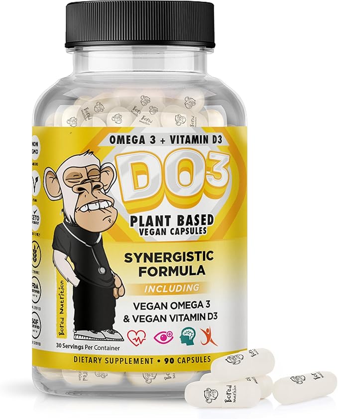DO3 Vegan Omega 3 and Vitamin D3 Supplement - 90 Capsules - 2 Pack - Fish Oil Alternative- DHA &amp EPA Omega D3 Supplement - May Support Heart Brain and Joint Health - 2 in 1 Formula - Bored Nutrit