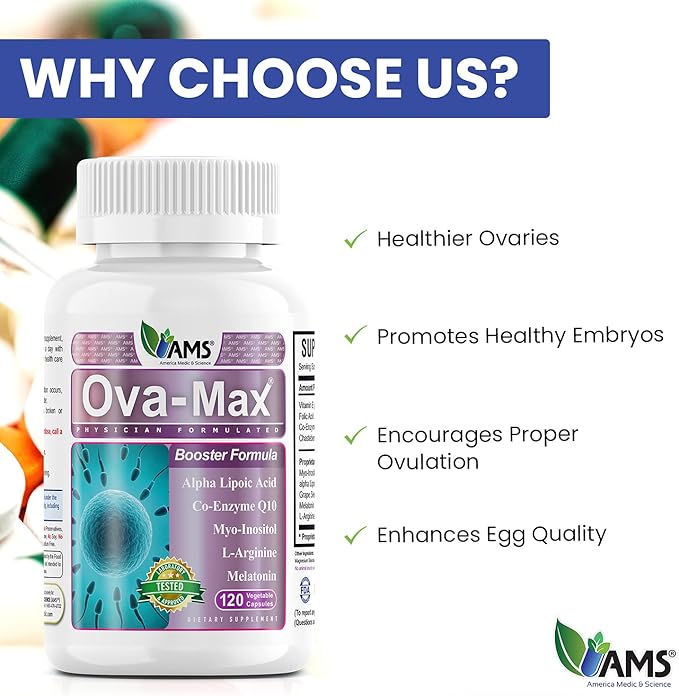 America Medic &amp Science OVA-Max Prenatal Vitamins for Women (120 Capsules) Boosts Fertility and Ovulation | Pregnancy Aid and Female Preconception Supplements with CoQ10 Folic Acid and Myo-Inosi