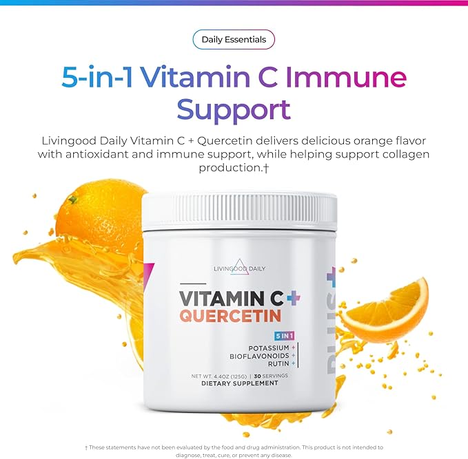 Livingood Daily High Dose Vitamin C Powder Supplement 2600 MG Ascorbic Acid Powder Supports Immunity &amp Skin Health Powdered Vitamin C with Quercetin Sweetened with Stevia Vegan 30 Servings
