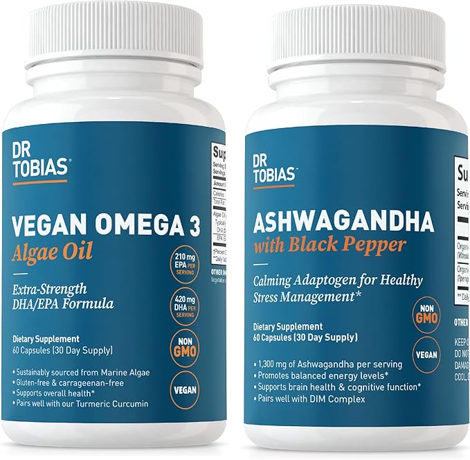 Dr. Tobias Vegan Omega 3 Algae Oil and Ashwagandha Capsules Supports Resilience Immune Health and Overall Wellness Non-GMO Vegan