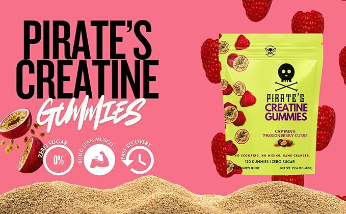 Pirate's Nutrition Creatine Gummies Zero Sugar Captain's PassionBerry Curse 120 Count Passion Fruit and Raspberry Flavor 5g Creatine Monohydrate Vegan Non-GMO Gluten Free