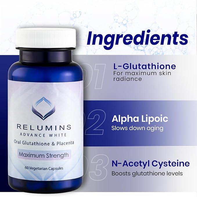 Relumins Advanced White Glutathione Capsules - Max Strength Brightening Supplement with ALA Placenta Rose HIPS &amp Vitamin C - Fights Oxidative Stress Supports Collagen &amp Made in USA - 3 Bott