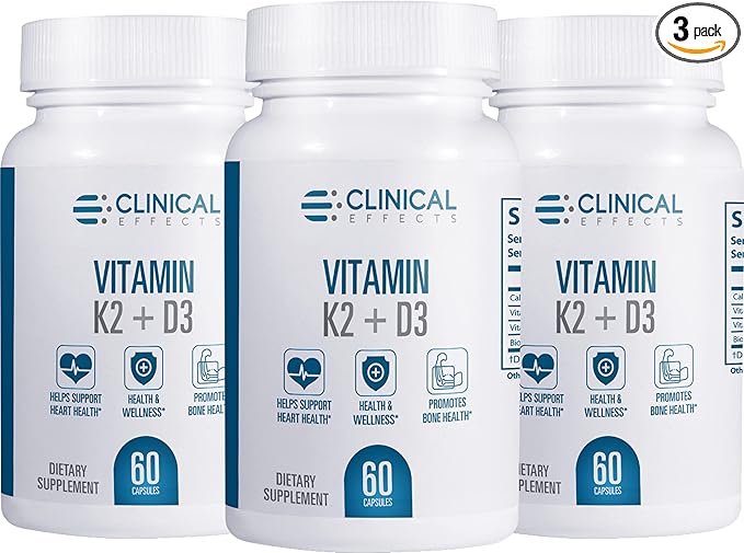 Clinical Effects Vitamin K2 + D3 - K2 + D3 Vitamin Supplement with Bioperine Black Pepper Extract and Calcium for Bone and Heart Health Support - 3 Pack - Max Absorption - Made in The USA