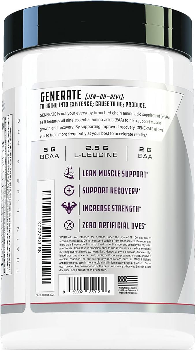 Generate EAA and BCAA Powder: Best Post Workout Recovery Drink and Branched Chain Amino Acids Supplement with Essential Amino Acids 5g BCAAs 2g EAAs for Lean Muscle Mass | Watermelon 30 Servings