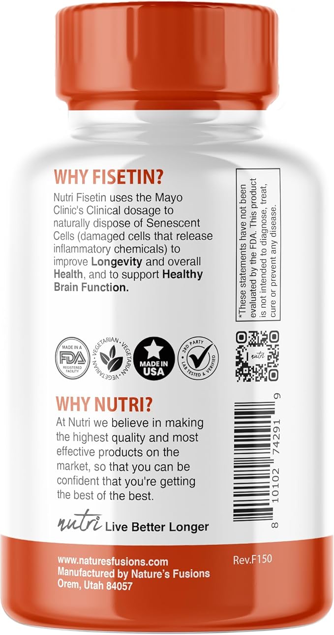 Nutri Fisetin 500mg 32 Count - Clinical Dosage - Fisetin Supplements - Powerful Senolytic Activator Antioxidant Heart Support - Natural Polyphenols - Capsules - 3rd Party Tested - GMP Certified