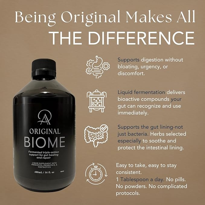 Original Biome Liquid Probiotic Supplement | Certified Organic Tri-Biotic with Prebiotics Probiotics &amp Postbiotics | 10 Probiotic Strains + 10 Fermented Herbs | Slow Fermented | 16 Fl oz
