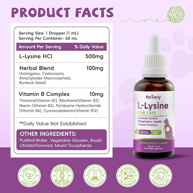 L-Lysine for Cats Cat Lysine for Feline Respiratory Sneezing Runny Nose Eye Function Mushroom for Dogs &amp Cats - Support Immune System Digestion Skin &amp Coat