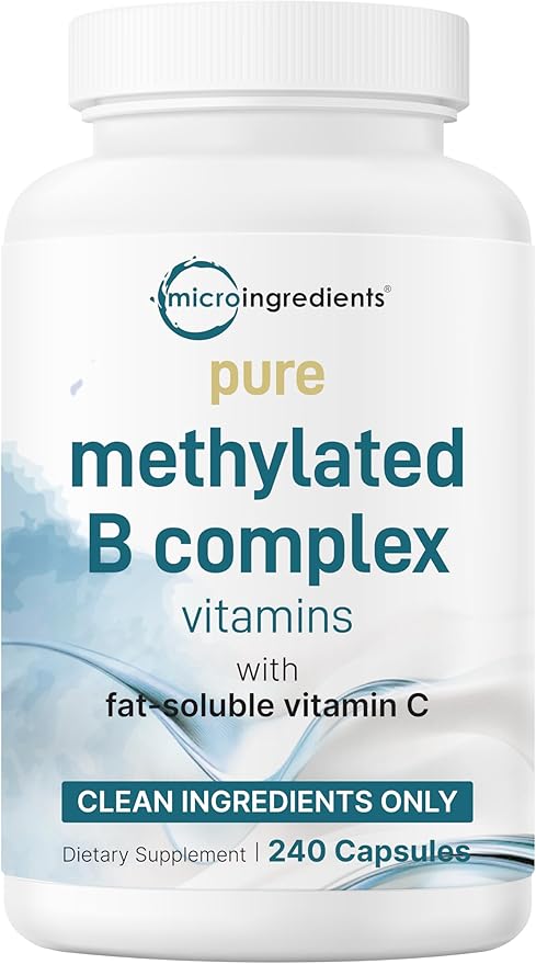 Micro Ingredients Pure Methylated B Complex 240 Capsules | 11-in-1 Formula with Methylfolate B12 Thiamin Inositol Choline &amp Fat Soluble Vitamin C | Clean Ingredients Without Fillers | Non-GM