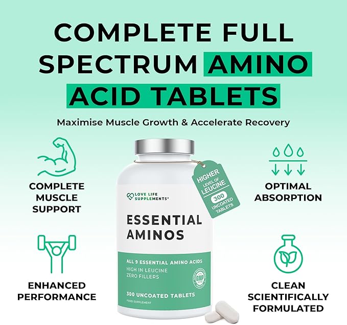 Essential Amino Acids - 300 Easy To Swallow Tablets / 60 Servings - All 9 EAA Amino Acids with All 3 BCAA's Plus 6 More EAAs to Build and Repair Muscle 5-10g per Serving High in Leucine and Vegan