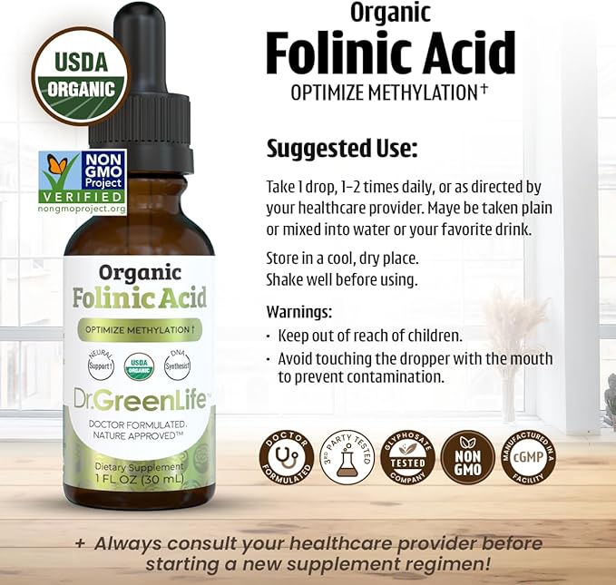 Dr. Green Mom USDA Organic Folinic Acid Drops - 500 mcg per Drop | Methylation Support B9 Supplements for Kids &amp Adults | Supports Neurological Function Nervous System Health &amp DNA Synthesis