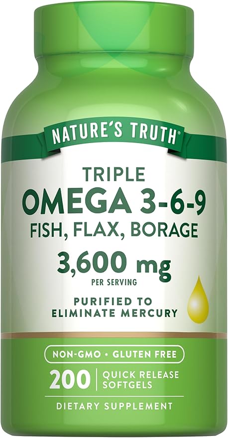 Nature's Truth Triple Omega 3 6 9 | 3600mg | 200 Softgels | Fish Flax and Borage Oils | Non-GMO &amp Gluten Free Supplement