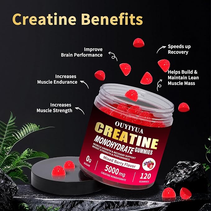 Creatine Monohydrate Gummies 5000mg for Men &amp Women - Sugar Free Pre-Workout Supplement Chewables for Muscle Strength Muscle Builder Energy Boost Mixed Berry Flavor 120 Count