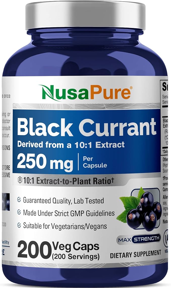 NusaPure Black Currant Capsules 250 mg 200 Veg Capsules (Non-GMO Vegan)