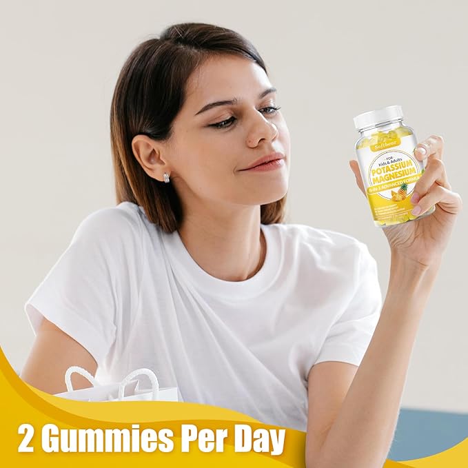 softbear Potassium Gummies for Adults Sugar-Free Potassium Magnesium Supplement with Vitamin B6 CoQ10 for Muscle Cramps Vegan Pineapple Flavor 120 Gummies