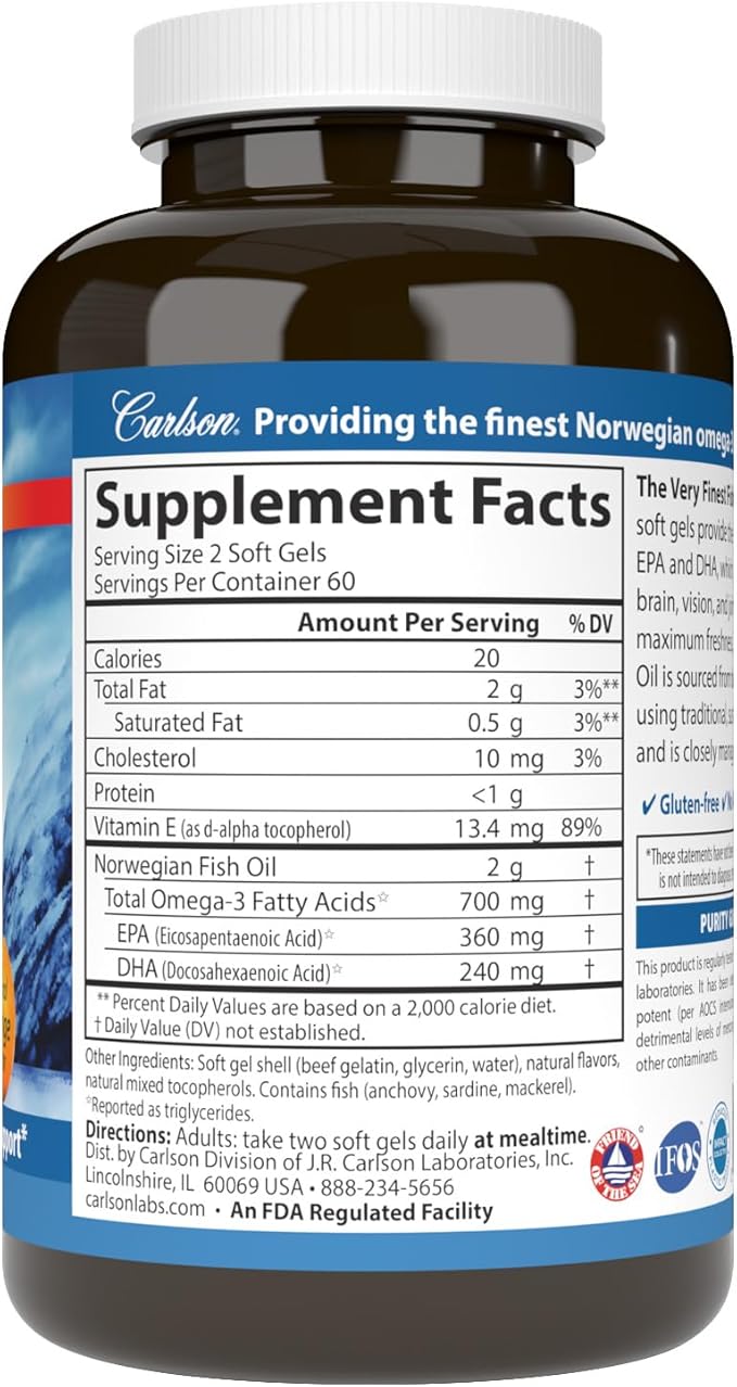 Carlson - The Very Finest Fish Oil 700 mg Omega-3s Norwegian Fish Oil Supplement Wild Caught Omega 3 Fish Oil Sustainably Sourced Fish Oil Capsules Omega 3 Supplement Orange 120 Softgels