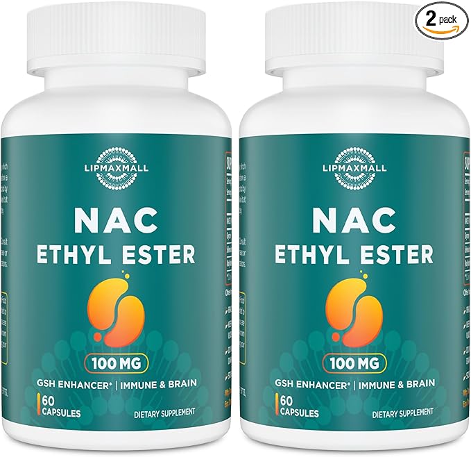 lipmaxmall N-Acetyl Cysteine Ethyl Ester 100mg-More Absorption Than 1000mg NAC-with Glycine 600mg-Benefit Glutathione-Good for Immune System &amp Antioxidant for AdultsNACET(60 Capsules-2 Pack)