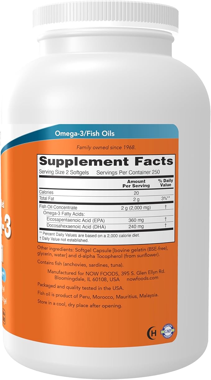 NOW Foods Supplements Omega-3 180 EPA / 120 DHA Molecularly Distilled Cardiovascular Support* 500 Softgels