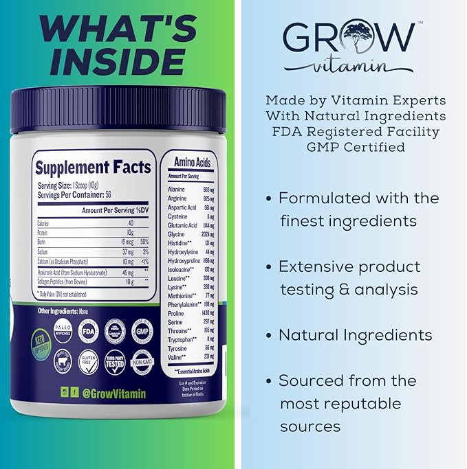 Collagen Peptides Powder 20g with Hyaluronic Acid &amp Biotin - Unflavored Grass Fed Collagen Powder with Hydrolyzed Type I &amp III Collagen Supplements - Hair Nail Skin &amp Joint Support - 56