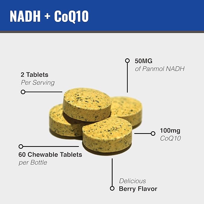 MAAC10 NADH + CoQ10 Supplement | Great Tasting Chewable Tablets | 50mg PANMOL® NADH + 100mg CoQ10 | for Fatigue Energy and Mental Focus | NAD+ Supplement (60 Tablets 2 per Serving)