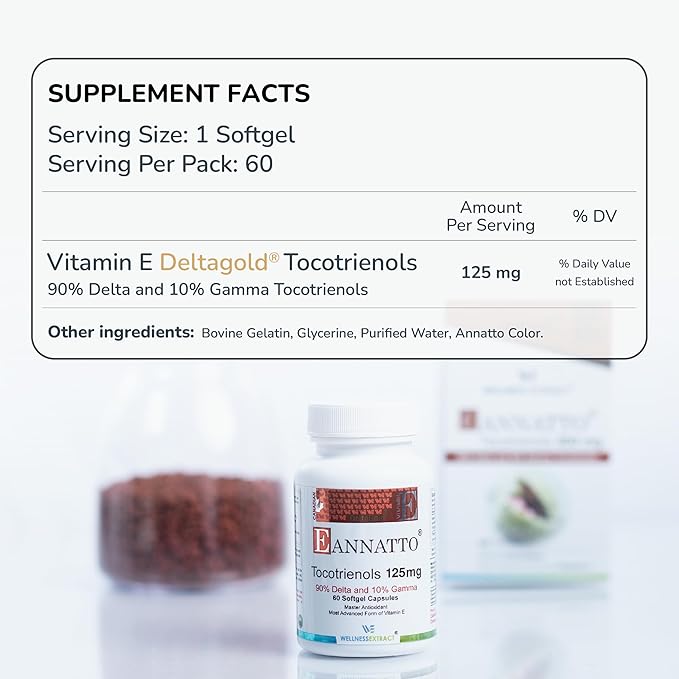 WELLNESS EXTRACT Eannatto Tocotrienols Deltagold 125mg Vitamin E Tocotrienols Supplements 60 Softgel Tocopherol Free Non-GMO Gluten Free &amp Antioxidant (Pack of 6)