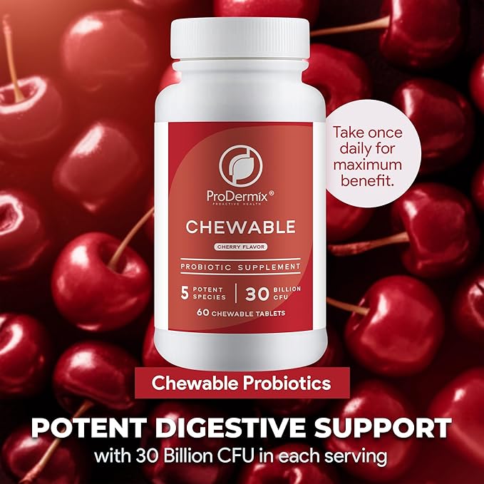 Chewable Probiotic 30 Billion CFU Pleasant Cherry Flavor Probiotics for Digestive Health Propietary Blend of Probiotics Including Acidophilus Kosher (60 Tablets)