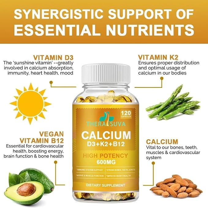 Extra Strength 4-in-1 Calcium 600mg + Vitamin D3 5000iu + K2 + B12 Natural Supplement Complex for Bone and Immune Health 2 Month Supply 120 Softgels