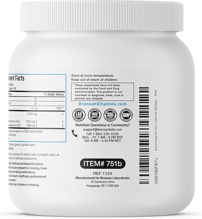Bronson Omega 3 Fish Oil Triple Strength 2720 mg High EPA 1250 mg DHA 488 mg Non-GMO Heavy Metal Tested 360 Softgels