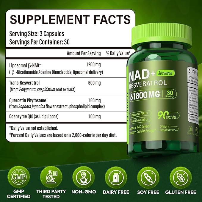 Nad Resveratrol Supplement 61800mg Per Bottle – Liposomal Nad+ Resveratrol for Women &amp Men – High Purity 1200mg Nad+ Supplement for Energy &amp Healthy Aging Resveratrol Quercetin CoQ10 – 90 C