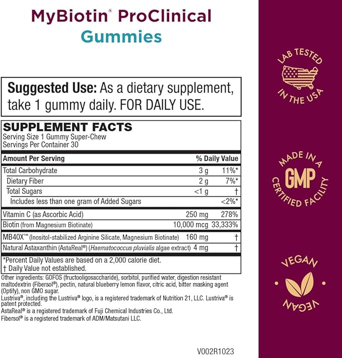 Purity Products MyBiotin ProClinical Gummies - Thicker Hair Starting in 3 Weeks &amp Fights Wrinkles - MB40X Biotin Matrix w/Astaxanthin - 40X More Soluble vs Ordinary Biotin 30 Berry Gummy Chews