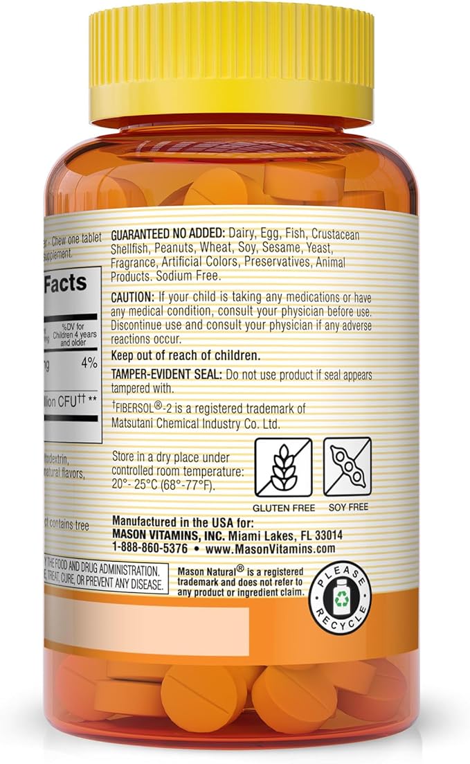 MASON NATURAL Healthy Kids Probiotic with Fiber - Healthy Digestive Function Improved Gut Health 60 Chewables (Pack of 3)