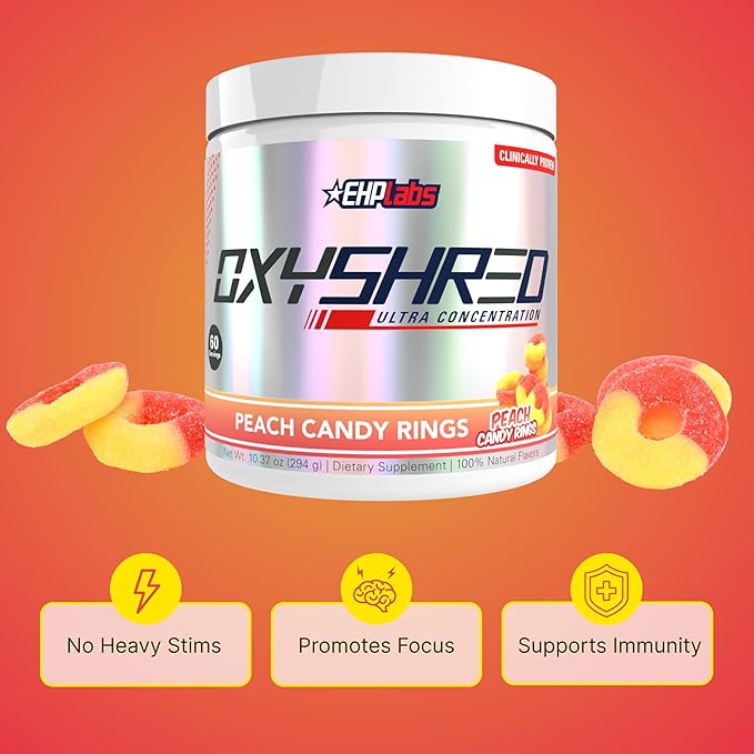 EHP Labs OxyShred Pre Workout Powder - Preworkout Powder with L Glutamine &amp Acetyl L Carnitine Energy Boost Drink - Peach Candy Rings 60 Servings