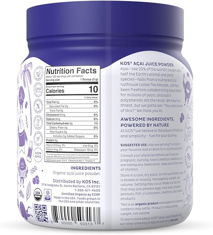 KOS Organic Acai Juice Powder - USDA Certified Organic Plant Based Superfood Antioxidants Superberry from Brazil Great for Smoothies and Bowls 0g Sugar Vegan Gluten-Free Non-GMO - 120 Servings
