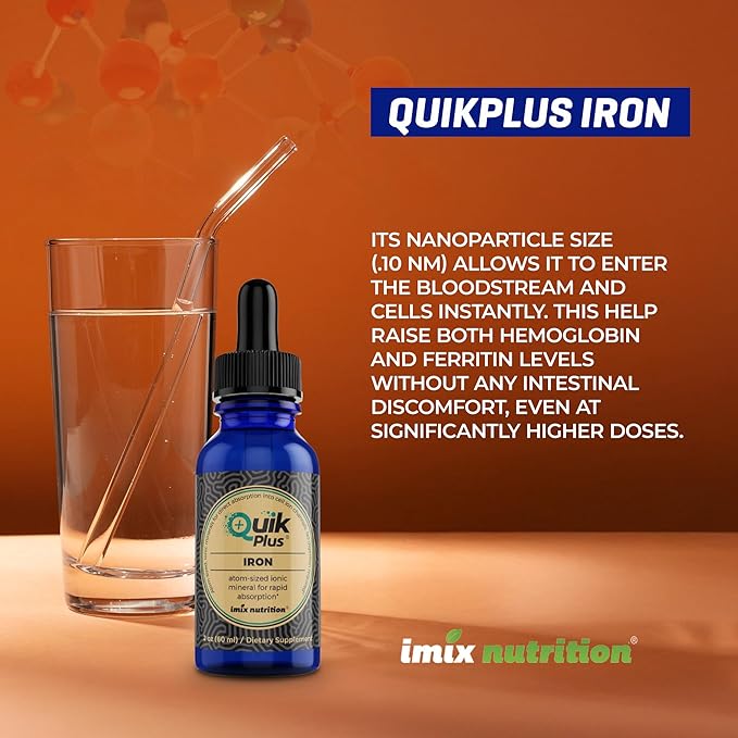 QuikPlus Iron Ionic Liquid Mineral Supplement for Hemoglobin &amp Ferritin – High Absorption Iron Supplement for Adults – Vegan Gluten-Free All Natural – 2 oz Bottle