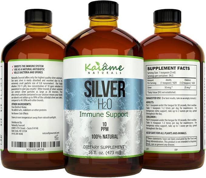 Kaiame Naturals Colloidal Silver Ionic Silver Solution 10 PPM Large 16 oz Glass Bottle Natural Immune Support Supplement Safe for Adults Children and Pets