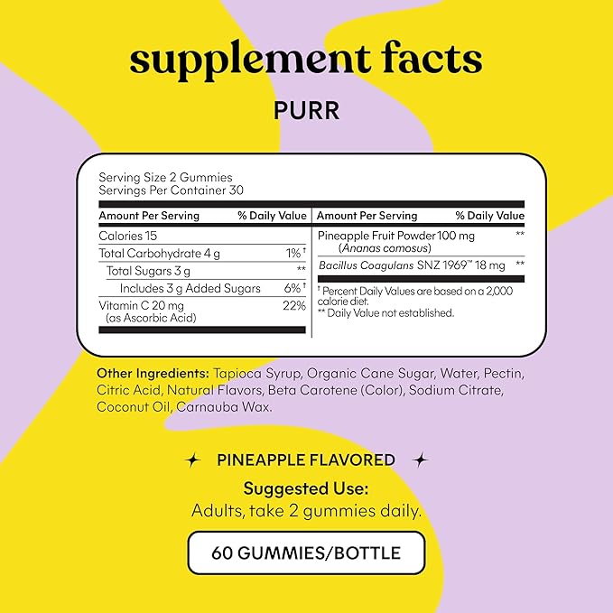 Lemme Purr Vaginal Probiotic Gummies for Women - Balanced pH Healthy Odor Yeast Balance &amp Flora Support + Vitamin C for Immune Health - Tasty Pineapple (60 Count)