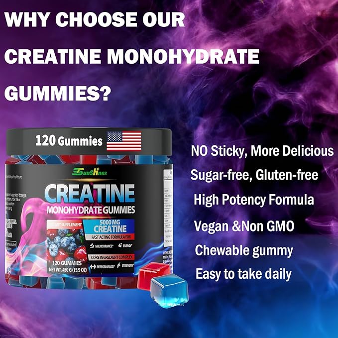 Creatine Monohydrate Gummies 5g (5000mg) Sugar-Free Creatine Pre-Workout Energy Veg Non-GMO for Men &amp Women - 120 Count Cherry Flavor with Blueberry Flavor