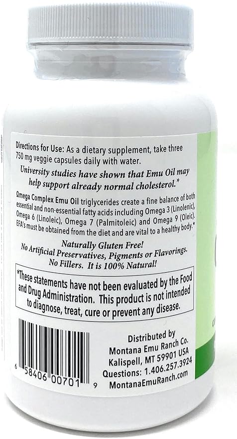 Montana Emu Ranch - Emutrients Omega Complex Emu Oil 750mg (90) Veggie Caps - Dietary Supplement for Cardiovascular Support* - Omegas 3 6 7 and 9