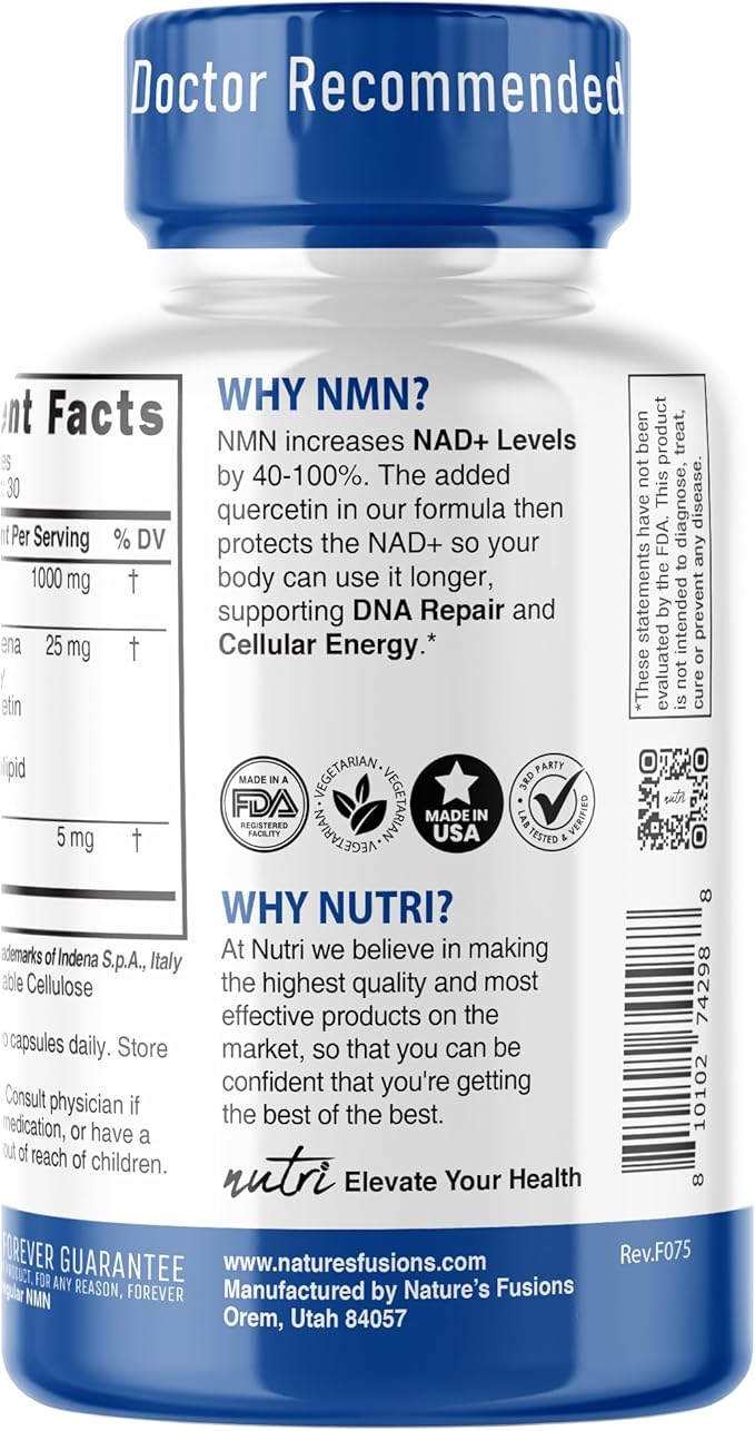 NMN Supplement 1000mg NAD Supplement - Nutri Ultra High Absorption Stabilized NMN Nicotinamide Mononucleotide 40% More NAD+ with Quercetin Phytosome &amp Black Pepper - mnm supplement (60 Capsules)