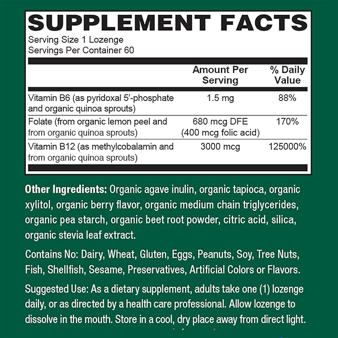 PlantFusion Organic Methylated Vitamin B Complex – Vegan B12 3000mcg Folate 680mcg DFE B6 from Organic Sprouts – Berry-Flavored Lozenges – 60 Count