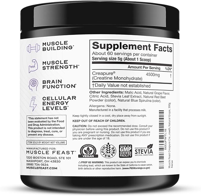 Muscle Feast Creapure Creatine Monohydrate Powder Vegan Keto Friendly Gluten-Free Easy to Mix Muscle Recovery Supplement Trusted Creatine for Muscle Growth Flavored Creatine Natural Grape 300g