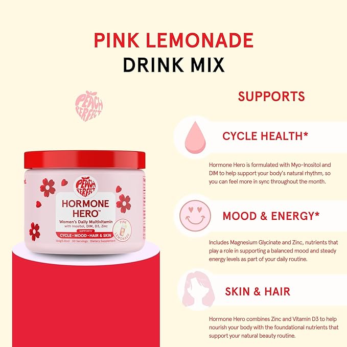 Peach Perfect Inositol Powder Multivitamin Pink Lemonade Flavor – 4g Myo &amp D-Chiro Inositol DIM Zinc Magnesium Glycinate Vitamin D3 – Supports Women’s Health Cycle Energy 30 SVG