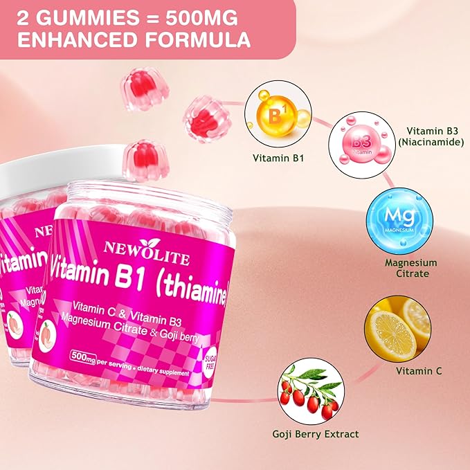 Vitamin B1 Gummies Chewable Thiamine 500mg &amp Vitamin B3 &amp Vitamin CSugar Free - Non GMOVeganNatural Peach Flavor - Thiamine B1 Supplement for Adults &amp Kids
